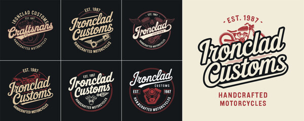 Vintage motorcycle custom garage emblem illustration, handcrafted bike engine logo for retro workshop branding, classic biker badge, t shirt design