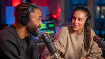 Naklejka premium Two radio hosts discussing during live podcast recording