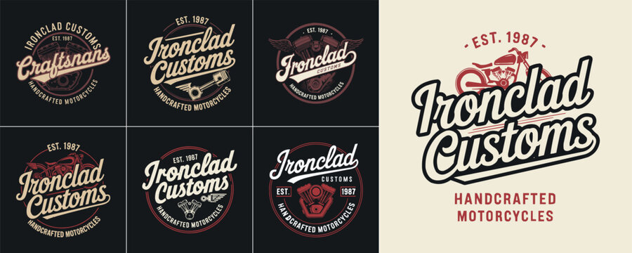 Vintage motorcycle custom garage emblem illustration, handcrafted bike engine logo for retro workshop branding, classic biker badge, t shirt design