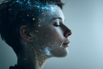 Profile view of a serene woman with short hair, glowing sparkles, and light effects representing creativity and inspiration against a soft background