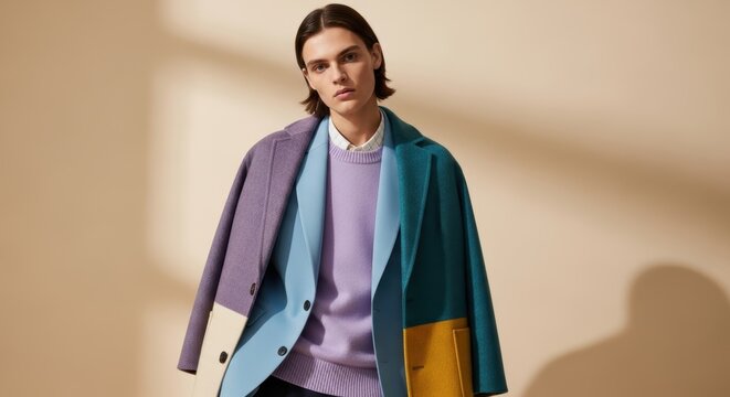 Young caucasian male in stylish color-block jacket with neutral background