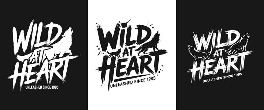 Wild wolf silhouette typography illustration with bold lettering, vintage wilderness slogan graphic for outdoor adventure apparel, t shirt design