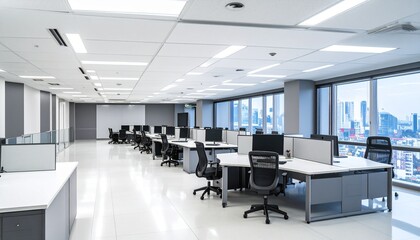 Spacious and Modern Office Interior with Desks, Chairs, and City View from Windows