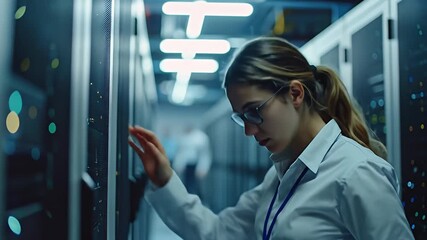 Woman engineer inspecting a server rack in a data center with lights and equipment