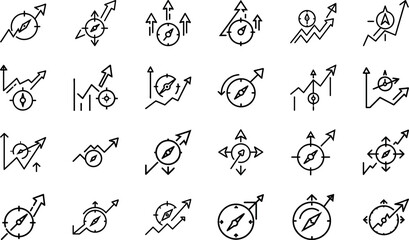 Business Growth and Finance Line Icons Set – Data Analytics, Financial Reports, Investment Strategy, Market Growth, Contract Management, and Profit Planning – Editable Stroke Vector Illustration