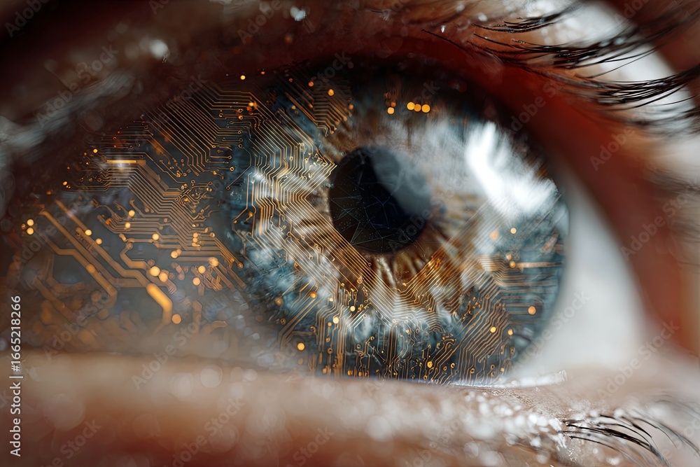 Aufkleber close-up view of human eye surrounded by futuristic technology in high-contrast color palette and in