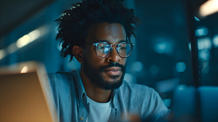Focused black it specialist working late at night on laptop in office
