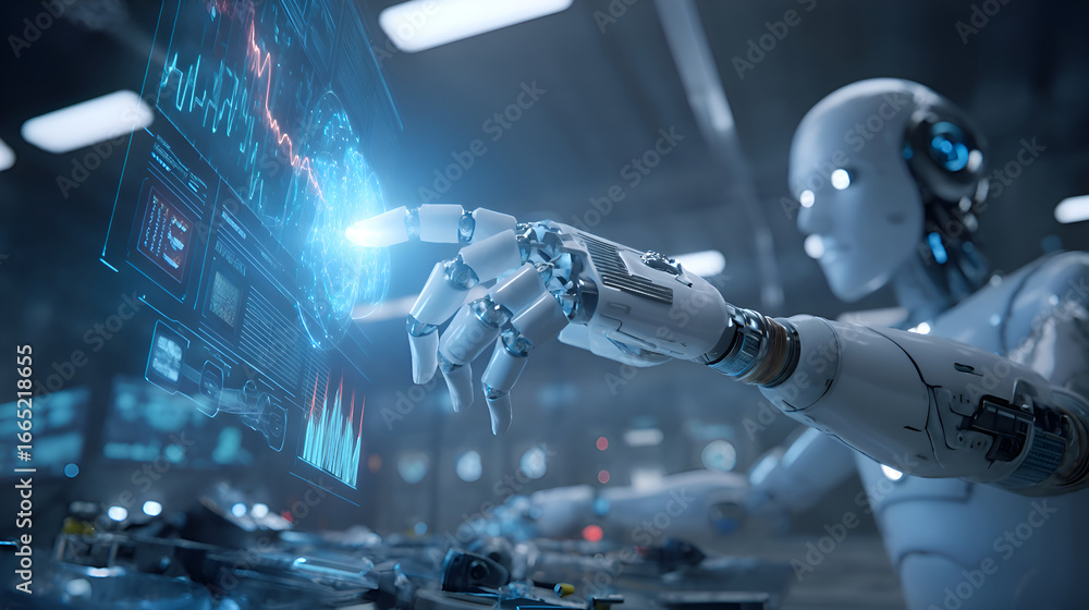 Aufkleber robot analyzing data on futuristic touchscreen interface