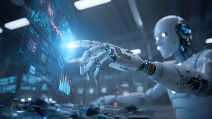 Robot analyzing data on futuristic touchscreen interface