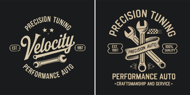 Vintage auto repair badge with wrench and mechanic tools, precision tuning performance auto retro emblem for workshop and t shirt design