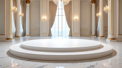 Elegant presentation stage with glowing light beam and pillars creates a futuristic grand entrance