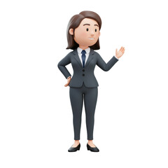 3D Rendered Cartoon Businesswoman in Grey Suit Presenting
