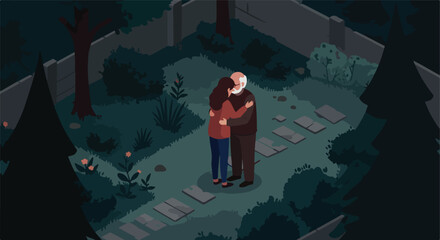 Daughter hugs her father in their garden, amidst plants and trees. Love depiction
