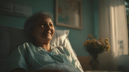Fototapeta premium Elderly asian woman recovering in hospital bed, enjoying sunlight and flowers