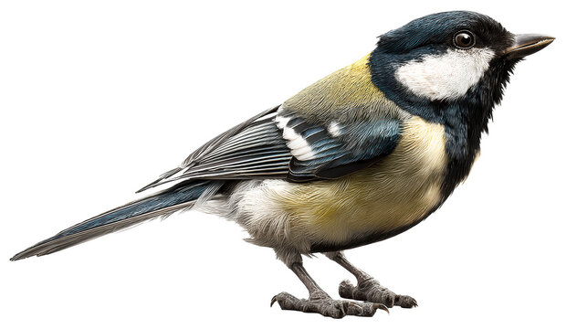 Great Tit Bird Perched Side Profile on White Background