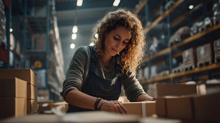 Female warehouse worker preparing cardboard box for delivery