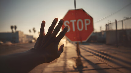 Hand stopping at stop sign during sunset in urban setting