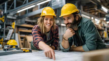 Smiling workers studying blueprint in workshop