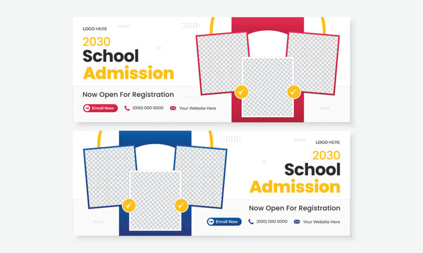 Creative school admission flyer with modern colorful square frame layout and trendy template design for education enrollment promotion set