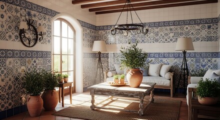Sunlit Mediterranean style living room with traditional blue and white tiled walls and rustic wooden furniture.