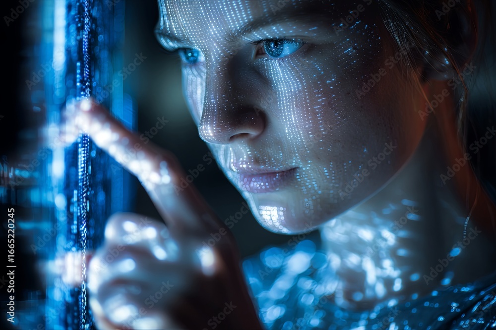 Aufkleber young woman analyzing data visualization with blue light and binary code reflections in technology m