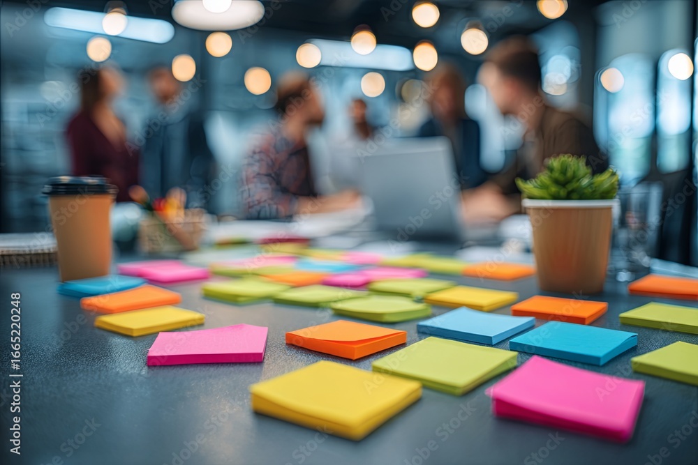 Poster collaborative team brainstorming session with colorful sticky notes on conference table in modern of