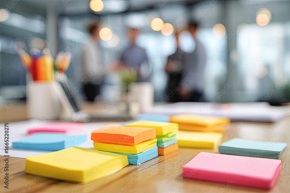 Poster collaborative team brainstorming session with colorful sticky notes on conference table in modern of