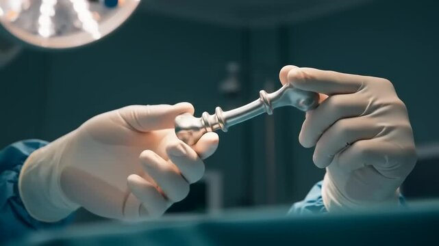 Surgeon holding hip replacement implant.