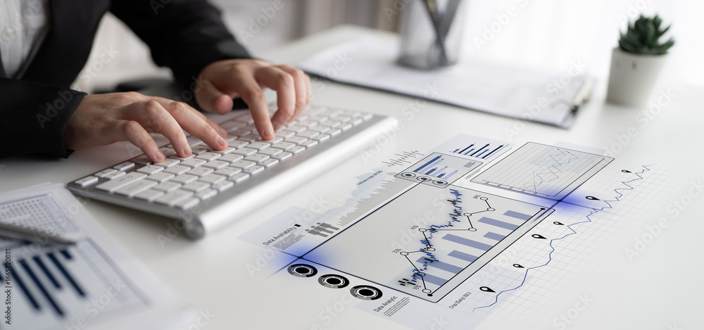 Poster high-tech data visualization dashboard for analytics and performance tracking, including data visual