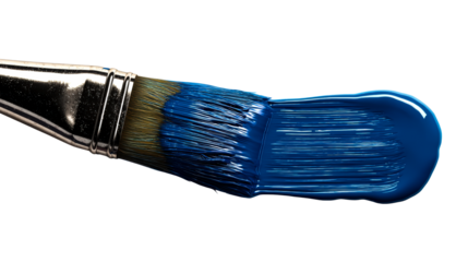 Paintbrush applying thick dark blue liquid across a white surface