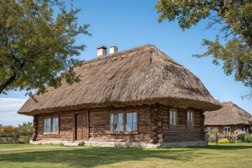 Traditional wooden house with a thatched roof.