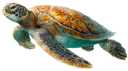 Detailed sea turtle with patterned shell swimming gracefully on white background