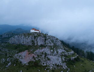 Aerial view from a drone of the Hermitage of Our Lady of the Snows between Ampuero and the Guriezo...