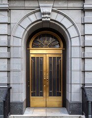 Recessed Gold and Gray Stone Doorway of an Art Deco Building