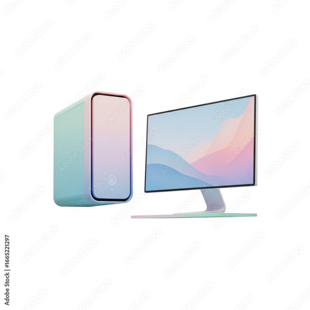 Poster Modern computer tower and monitor with pastel gradient colors isolated on transparent background