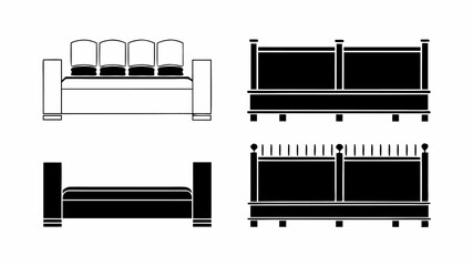 Illustration showing a sofa and two beds in black and white minimalist style furniture outline design | editable eps vectors silhouette