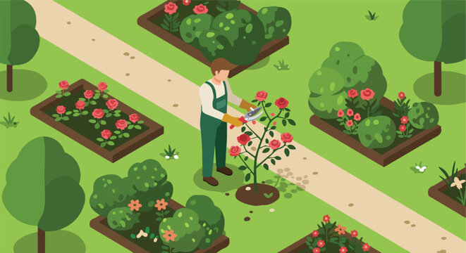 Gardener pruning roses in the yard, other flower beds visible. For gardening tips