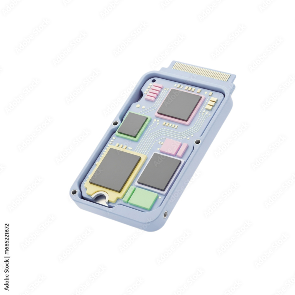 Fototapete stylized 3d rendering of an open ssd drive with colorful components isolated on transparent backgrou