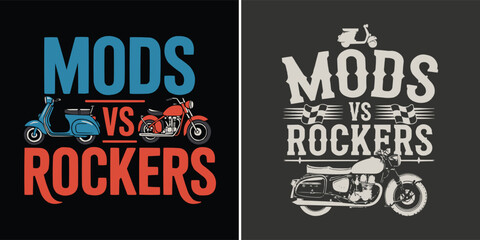 Mods vs Rockers vintage scooter and motorcycle rivalry vector illustration retro artwork for classic t shirt design and print © Vectyx