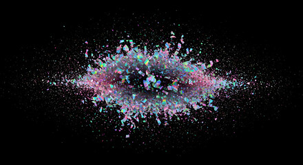 Exploding iridescent confetti against a black backdrop, perfect for celebrations and design