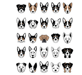 Fototapeta premium Black and white illustration of 80 dog breeds arranged in grid pattern highlighting distinctive ear shapes with breed labels
