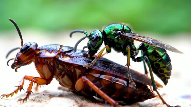 a jewel wasp inserting its ovipositor into a cockroach, paralyzing it with surgical precision