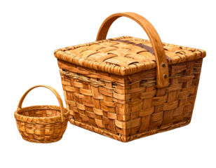 Wicker Baskets. Cartoon empty handmade rattan container, woven rural picnic basket de