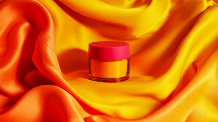 Luxury skincare product on vibrant silk fabric, perfect for beauty and wellness promotions and vibrant cosmetic ads