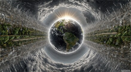 Earth, encompassed by storm clouds, depicted in a surreal perspective.