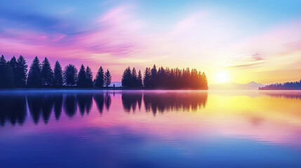 Serene landscape featuring tranquil lake at sunrise, surrounded by lush trees and vibrant colors reflecting on water surface