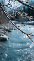 Winter branches adorned with icicles above a flowing river under bright skies