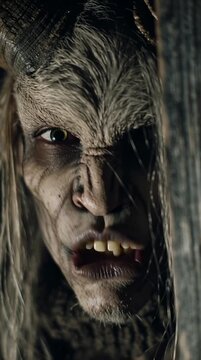 A photo at a glance, from the point of view of someone hiding in a dark wooden hut of the 17th century. In the dim light of the fire from the shadow of the linen curtain appears a young man a demon