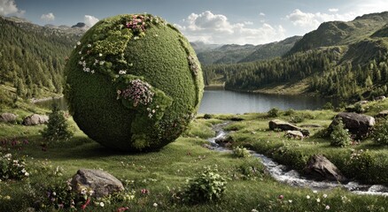 A large, spherical, earth-shaped structure made of greenery and flowers situated amidst a landscape.