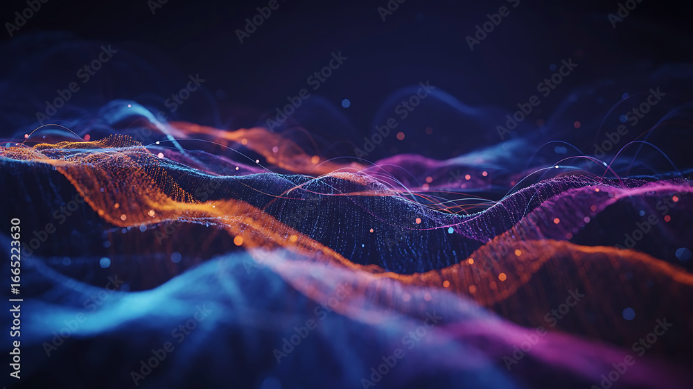 Poster abstract futuristic digital wave patterns glowing with vibrant neon colors representing data flow an